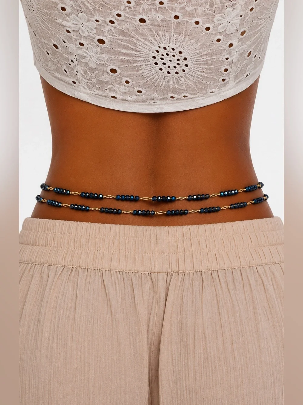 Handmade Beaded Waist Chain –blue Adjustable Gold-Tone Boho Belly Jewelry